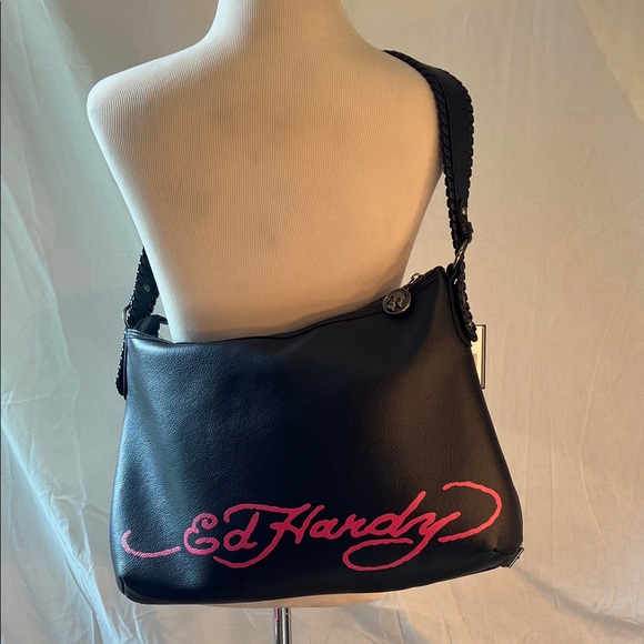 Ed Hardy Light Blue and Black Embroidered Skull & Rose Shoulder Bag - Picture 4 of 12